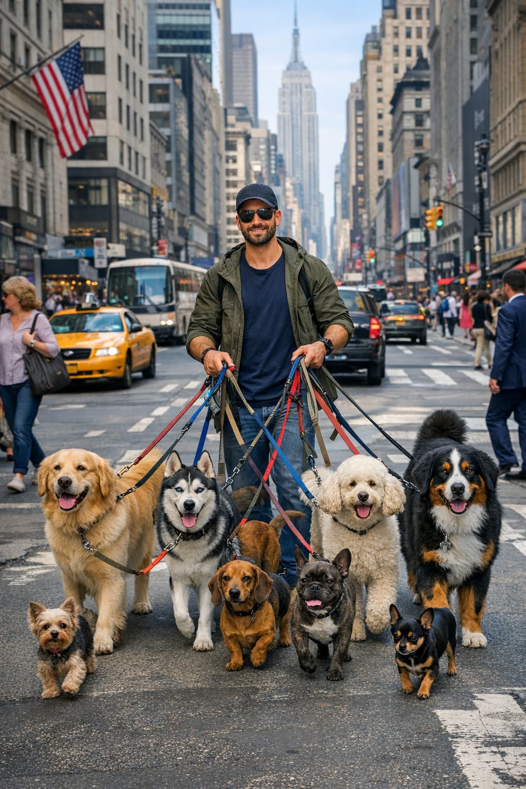 Man walking 10 dogs down the street in New York City.