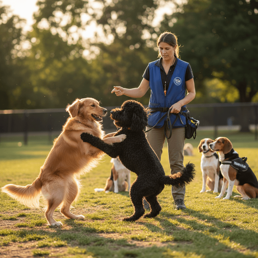 Dogs interacting during group training with professional supervision