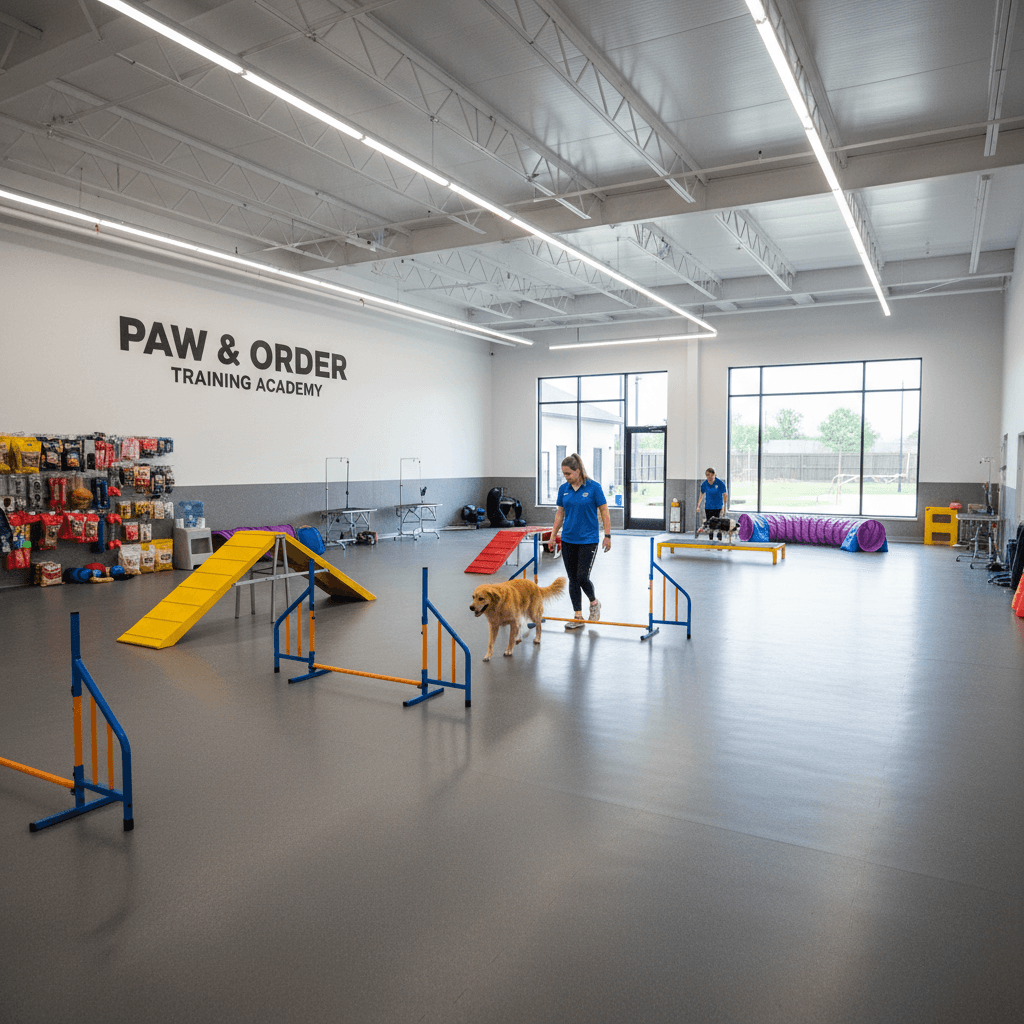 Modern dog training facility with equipment and training space