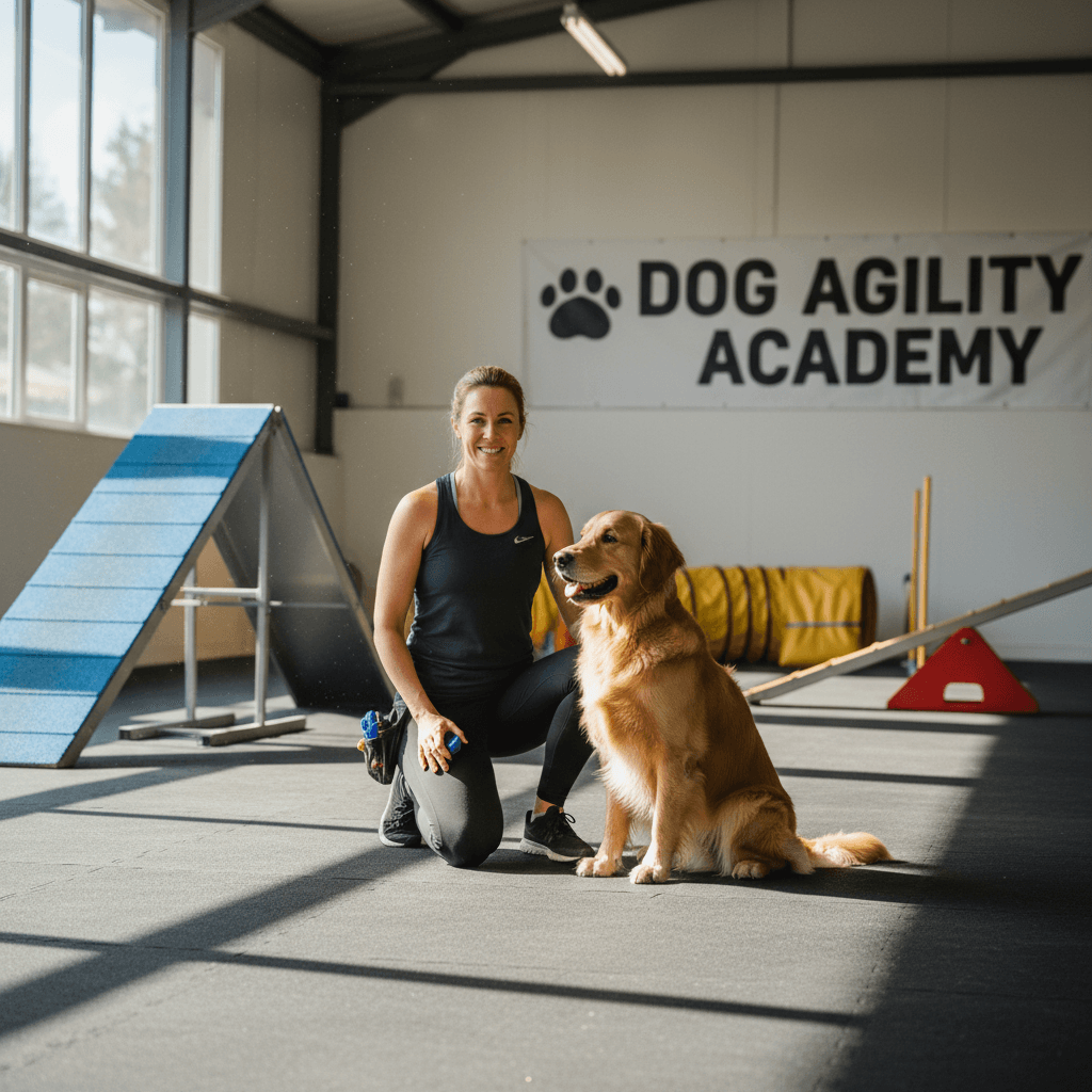 Professional dog trainer guiding golden retriever through agility training