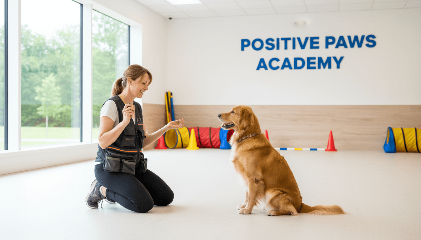 Dog trainer working with golden retriever in professional training facility