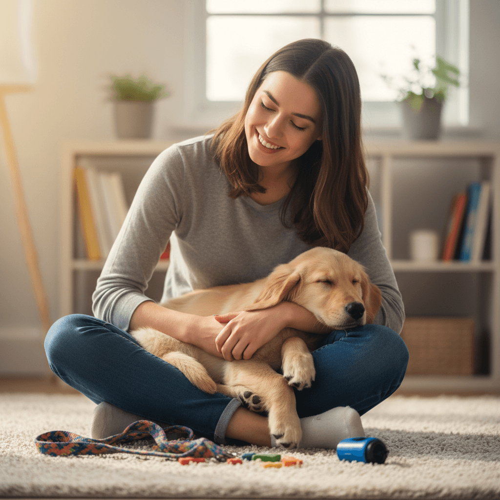 Owner and trained puppy demonstrating improved behavior and relationship