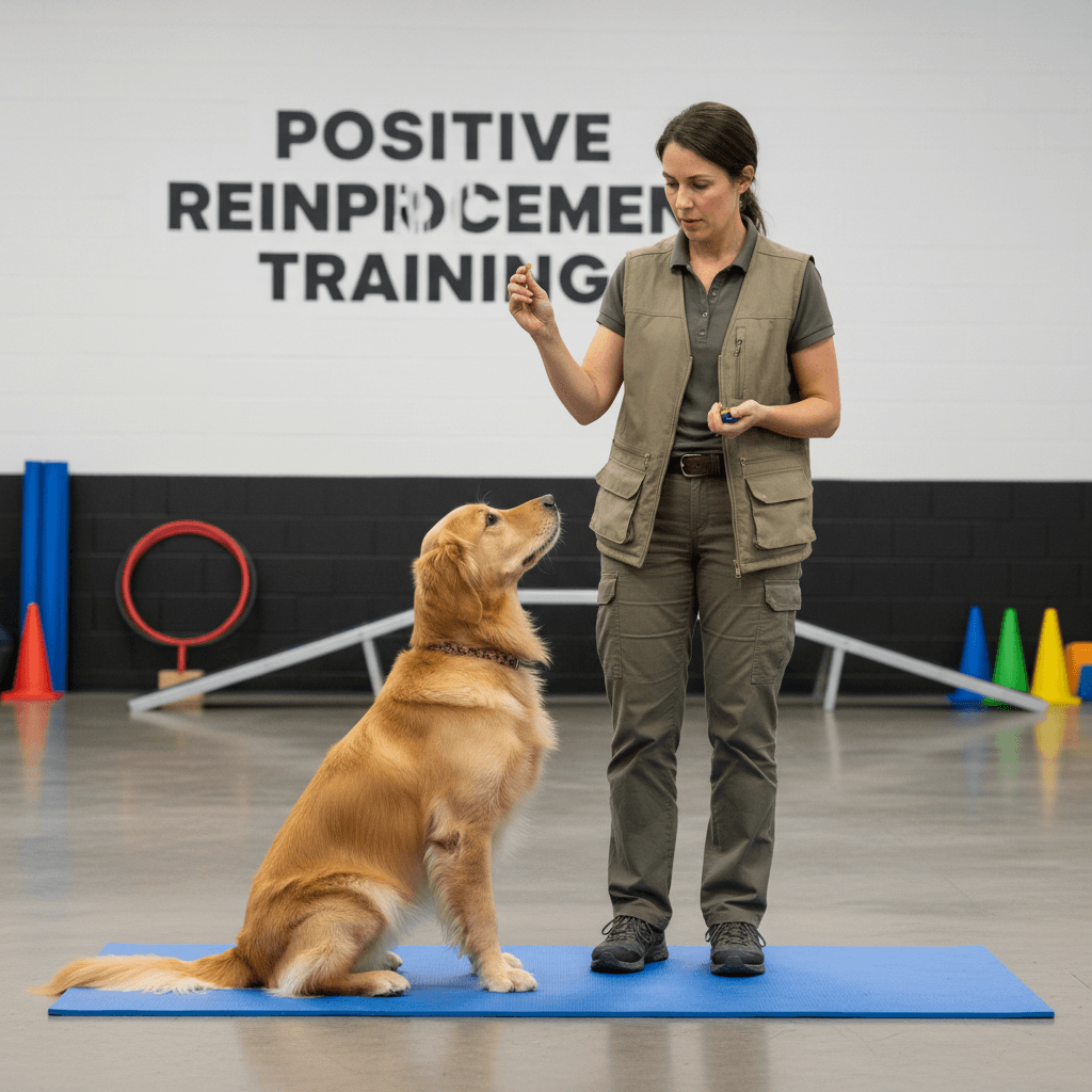 Trainer showing proper handling technique with trained dog