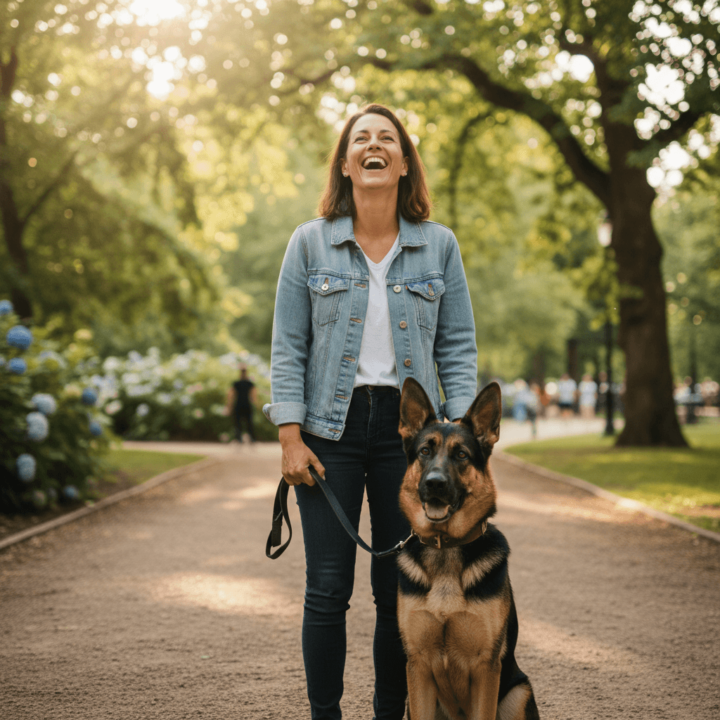 Dog owner and trained German Shepherd enjoying time together outdoors