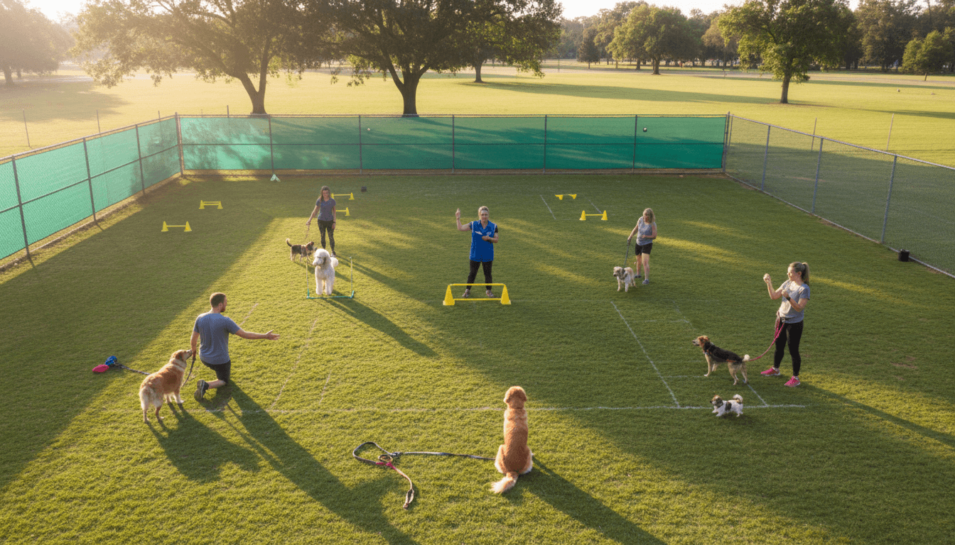 Multiple dogs and owners at training class