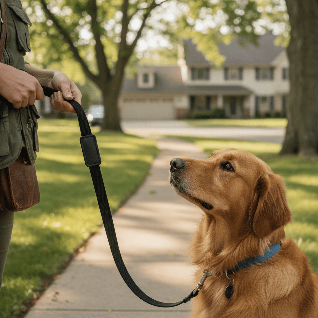 Dog walking calmly with owner