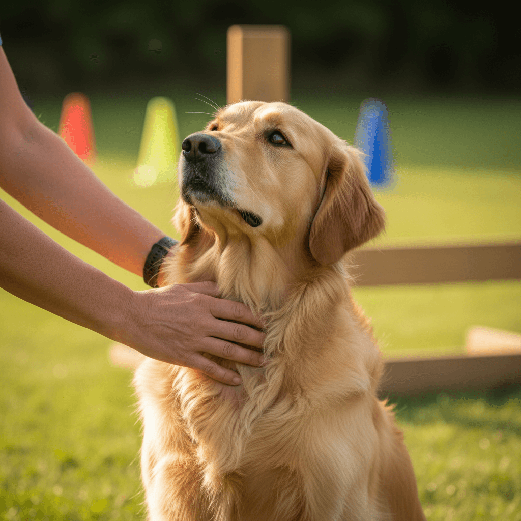 Young puppy learning basic obedience command outdoors
