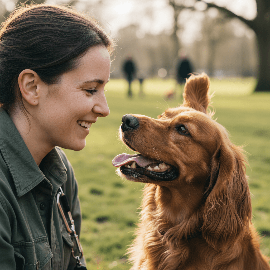 Dog and owner together outdoors showing successful training bond