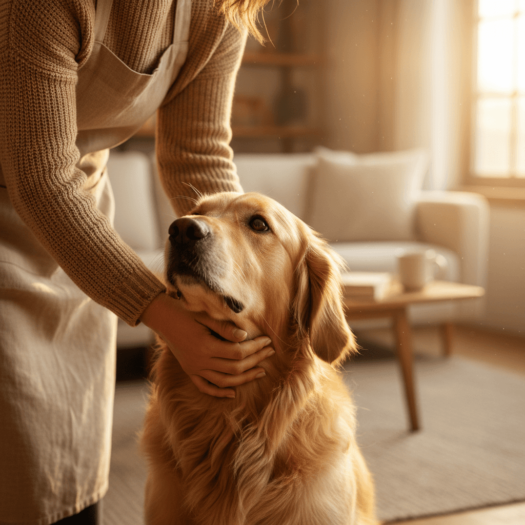 Happy dog with owner after training