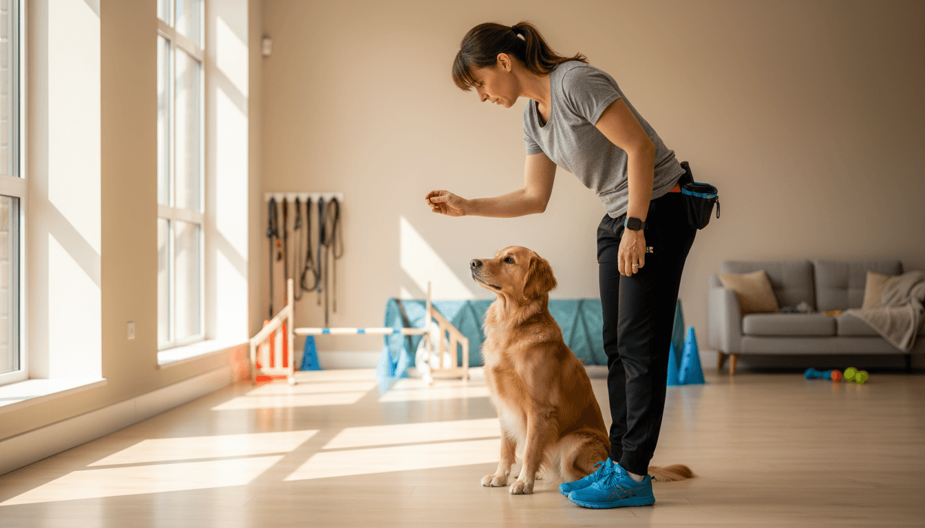 Professional dog trainer working with a golden retriever during a training session